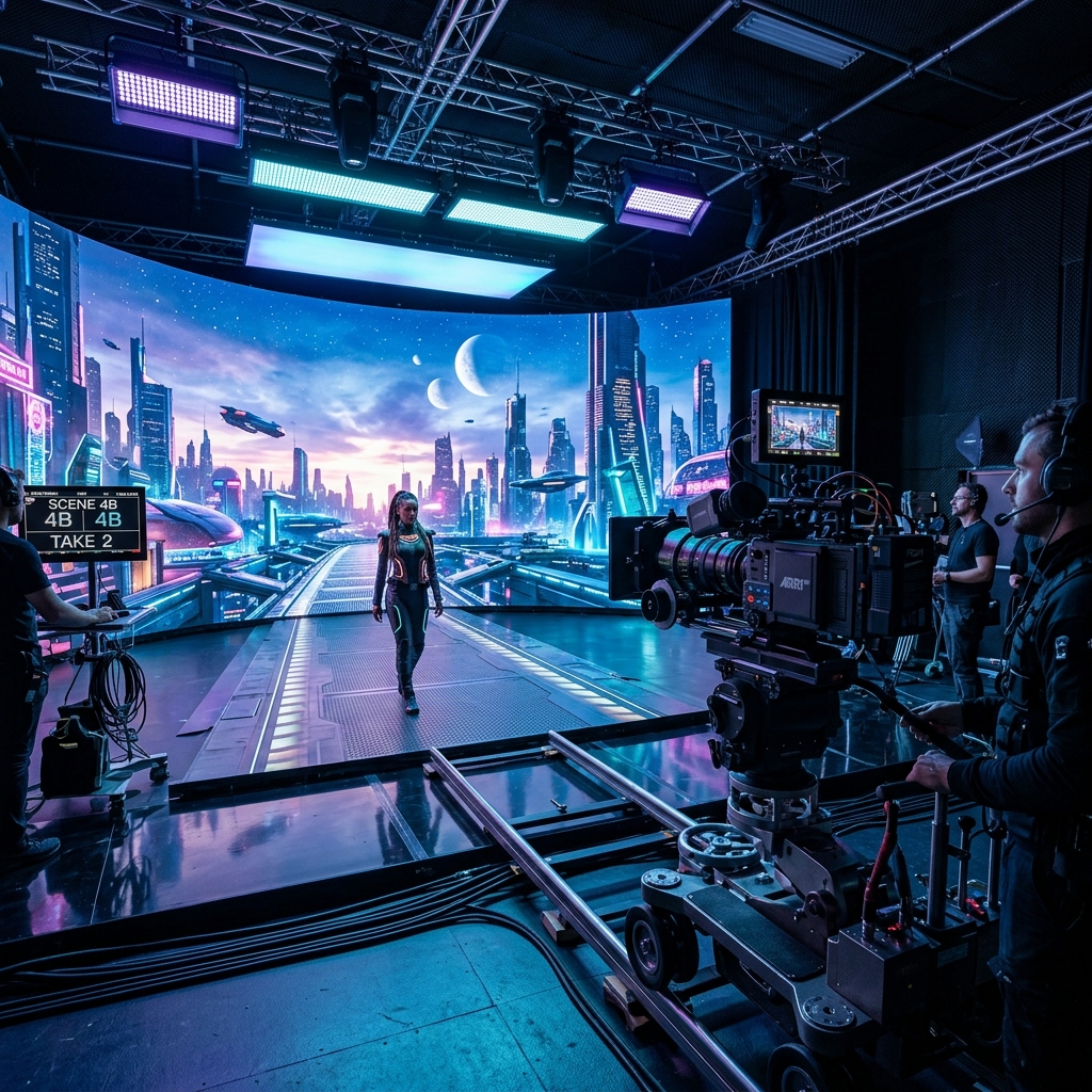 Futuristic digital cinema virtual production set with a large LED wall displaying a sci-fi landscape