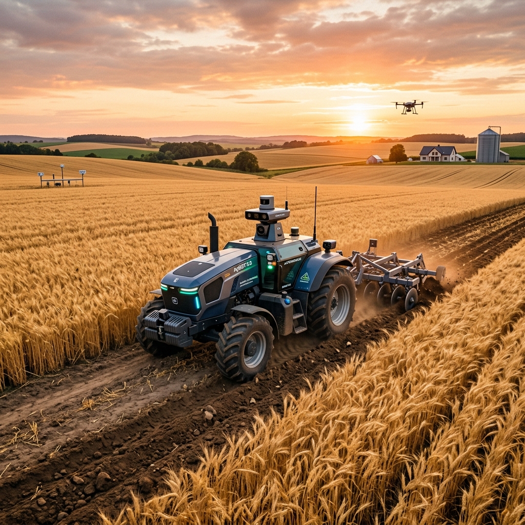 Autonomous robotic tractor plowing a field at sunset