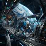 Futuristic robot in a space station