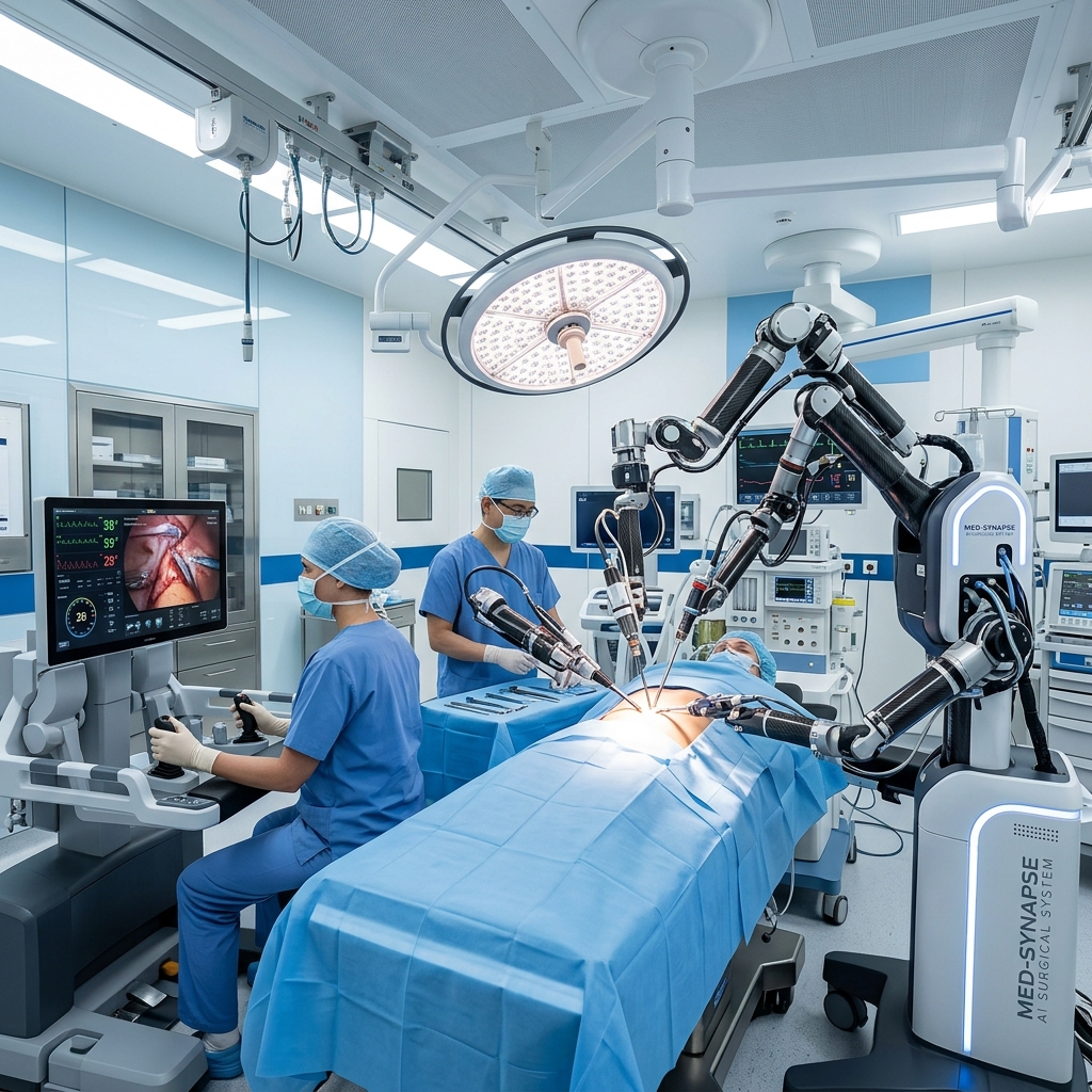 Futuristic surgical robotic system operating in a modern hospital